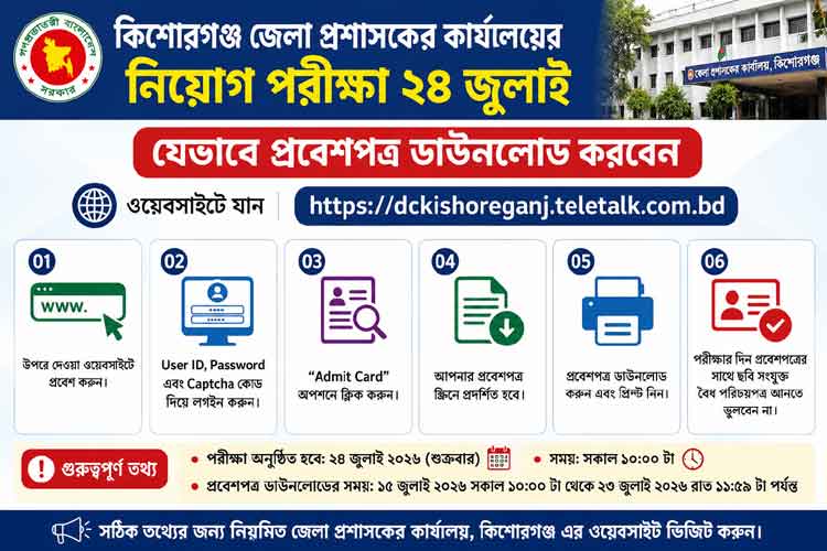 কিশোরগঞ্জ জেলা প্রশাসকের কার্যালয়ের নিয়োগ পরীক্ষা ২৪ জুলাই, যেভাবে প্রবেশপত্র ডাউনলোড করবেন